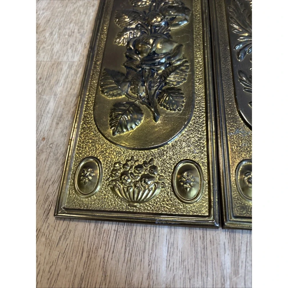 2 - Vtg MCM Brass Tin Gold Repousse Embossed Floral Wall Plaques England